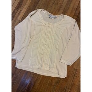 Keren Hart Cream Beige Ribbed Mixed Media Button Front Long Sleeve Top L